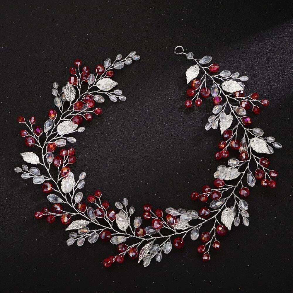 Red Silver Headpiece for Hair Styling Jewelry Women Girls Handmade Leaves Hair P